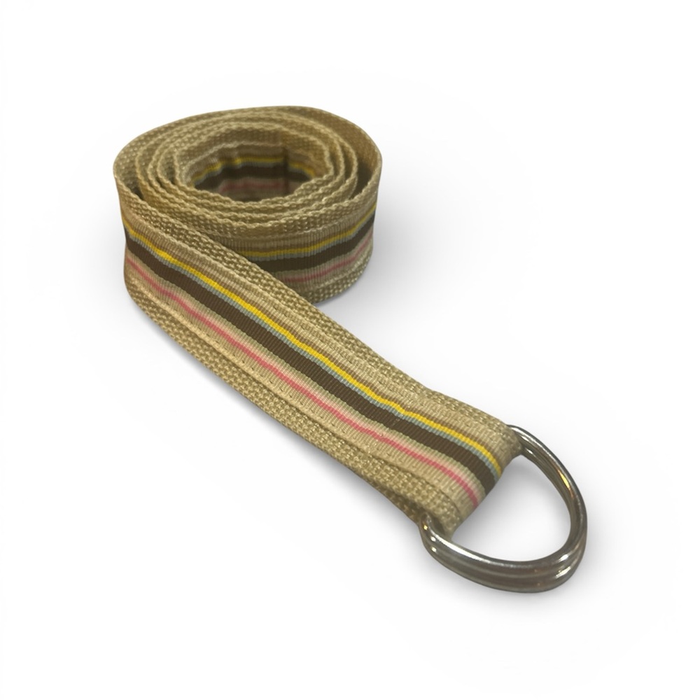 Women’s Tan, Pink, Yellow Striped Canvas Belt with D-Ring Buckle 37.75”
